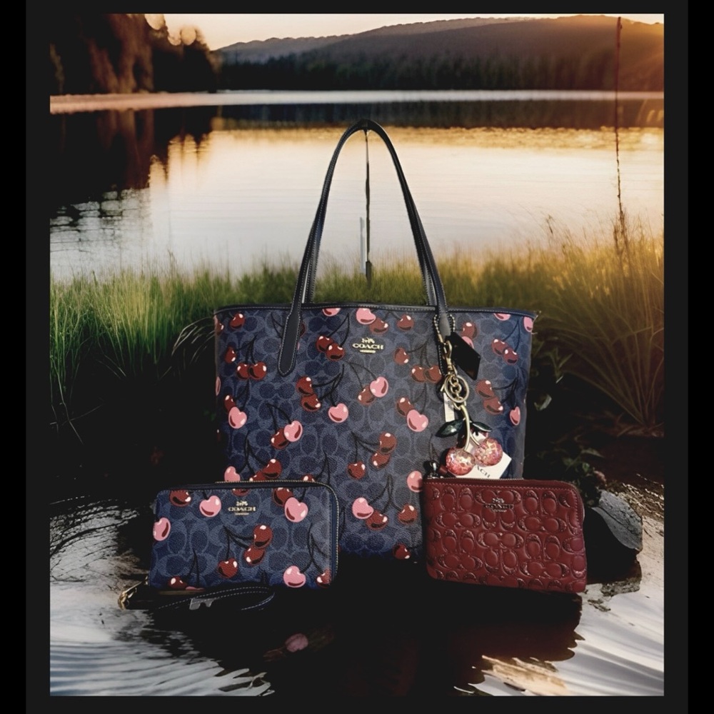 NWT Coach Cherry Print Tote w/Lg Wallet Glitter Wristlet & Bag Charm 4Piece Set - Picture 9 of 9